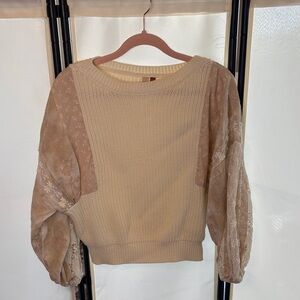 Pilcro Cream Knit Sweater with Ribbed Neckline